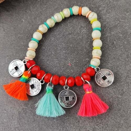 Summer Jewelry Turquoise Beads Chain Bracelet Crystal Beads Bracelet Copper coin Handmade Tassel Boho Jewelry