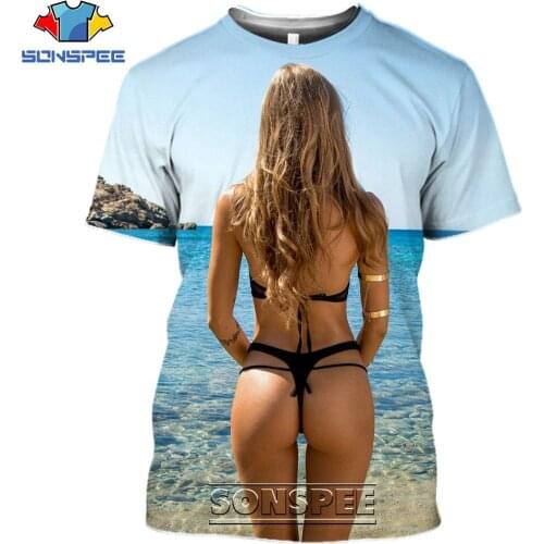 SONSPEE Model Sexy Bikini Back Buttocks Beach Sea T-Shirt Women Mens 3D Paint Casual Harajuku Hip Pop Oversized Tee Top Clothes