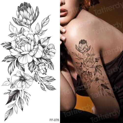Fashion Black White Flower Tattoo Sticker Women Body Art Peony Rose Waterproof Water Transfer Temporary Tattoo Lotus Snake Sexy