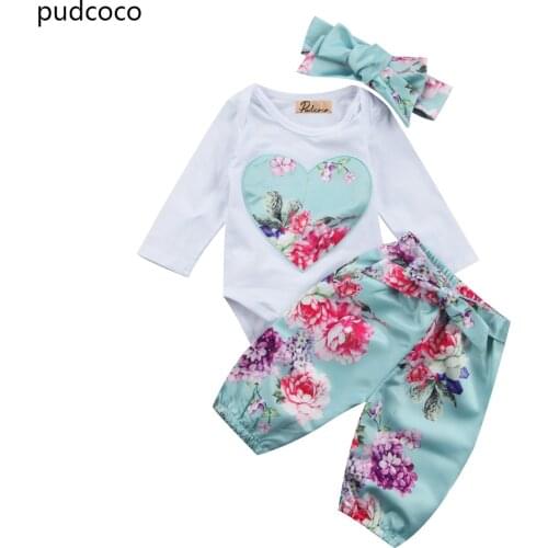 3pcs Floral Love Heart Girls Outfits Set Newborn Kids Baby Girl Long Sleeve Rompers Blue Flower Pants Headband Clothes Set