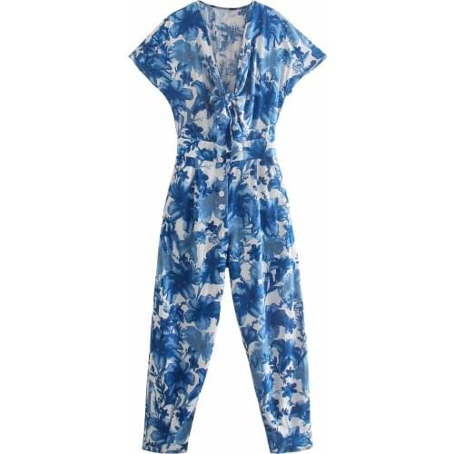 Za New Fashion Women Short Sleeve V Neck High Waist Jumpsiut Romper Long Trousers Shirt Jumpsuits ladies Office Pants