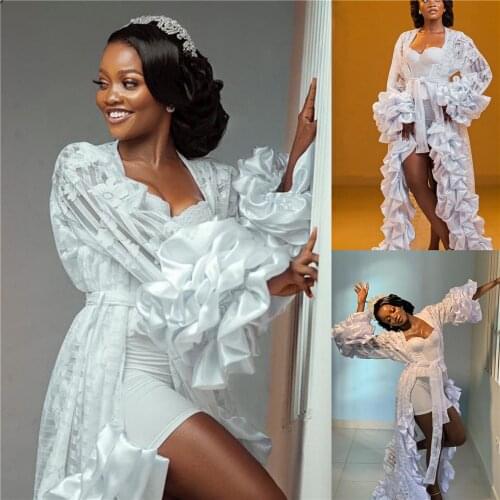 Women Sexy Lady White Silk Satin Sleepwear Wedding Outfit Garment Bridal Bathrobe Sheer Nightgown Tiered Ruffles Long Robe