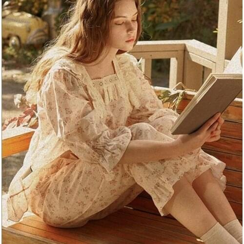 Korean Style Women Floral Printed Pajamas Set Nightgown Lovely Nightdress Cotton Leisure Loose Homewear Pyjamas Suit Sleepwear