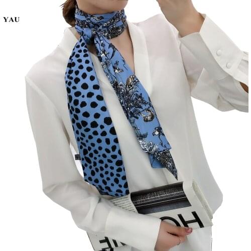 160cm*20cm Luxury Brand Flower Bird Leopard printed Long Scarf Women Double-sided Twill Silk Ladies Head Scarf Handkerchief