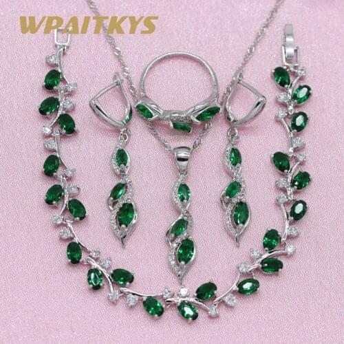 Silver Color Jewelry Sets For Women Wedding Green Cubic Zirconia Earring Pendant Necklace Ring Bracelet Free Jewelry Box
