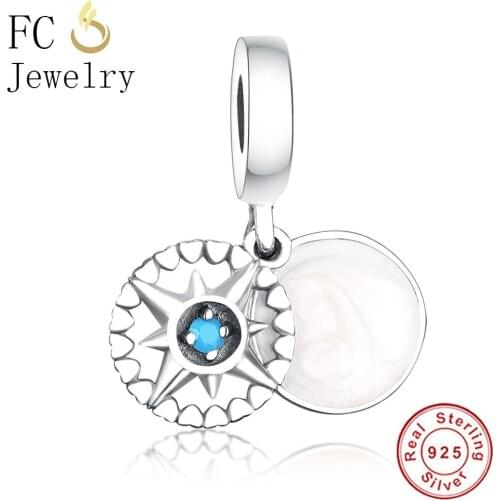 FC Jewelry Fit Original Brand Charm Bracelet 925 Sterling Silver Enamel Compass Rose Blue Crystal Pendant Bead Making Berloque