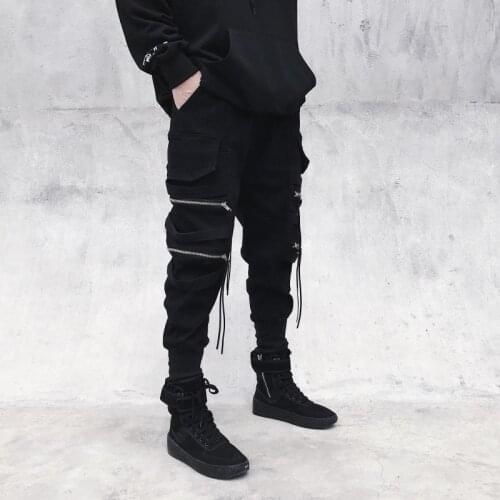 HOUZHOU Black Cargo Pants Punk Pants Punk Rave Joggers Men Jogging Techwear Autumn Korean Streetwear Hip Hop Zipper Ribbon