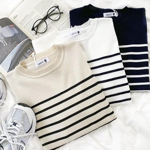 Spring Autumn Oversize Sweater Women Vintage Stripe Loose Korean Style Pullover Sweaters Woman casual White Black Knitted Top