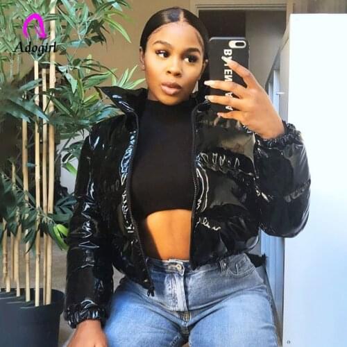Warm Thick Winter Crop Bubble Puffer Coat Winter Parkas Faux PU Leather Women Outerwear Zipper Casual Solid Slim Hot Sale Jacket