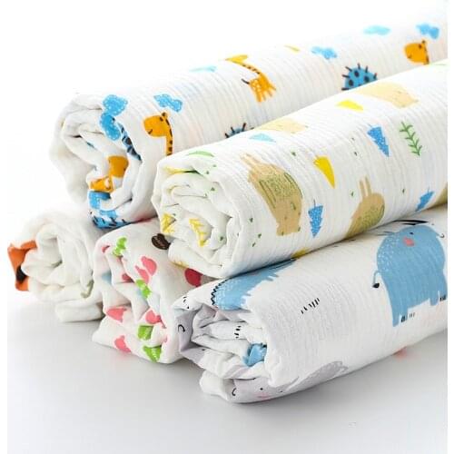 White 50x135cm Cartoon Printed Cotton Crepe Fabric Cute Animal Print Double Gauze Fabric Material for DIY Patchwork Baby Cloth