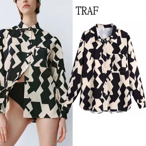 TRAF Za 2021 Top Woman Summer Print Pocket Shirt Women Loose Long Sleeve Button Shirts Fashion Office Lady Casual Woman Blouses