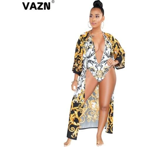 VAZN GOFN16206 chic 2019 summer sexy lady white print set full sleeve long coat V-neck halter bodysuit set beach holiday new set