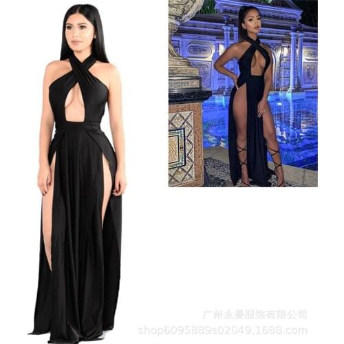WJFZQM Halter Backless Elegant Evening Dress Charming Slit Side Open Prom Formal Party Dress Vestido Elegant Vintage Robe Longue