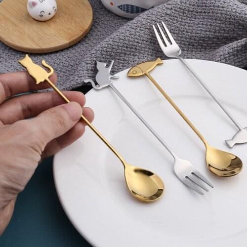 Japanese Cat Fish Spoon Coffee Stirring Spoon Cute Dessert Stainless Steel Milk Tea Spoon Drink Accessories Kitchen Supplies