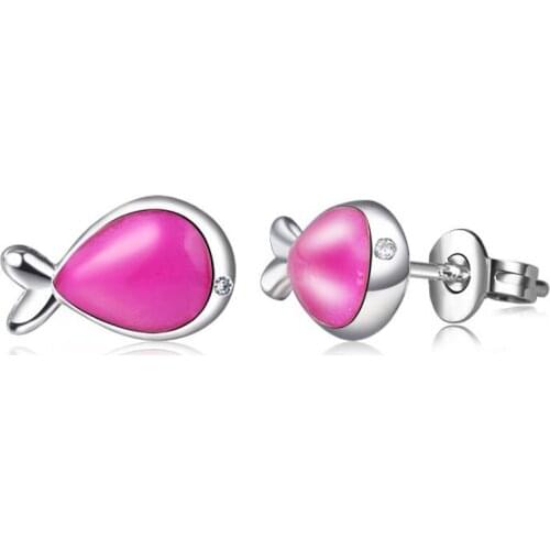 KOFSAC Charm 925 Sterling Silver Earrings for Women Party Cute Pink Epoxy Small Fish Stud Earring Minimalism Lady Jewelry Gifts