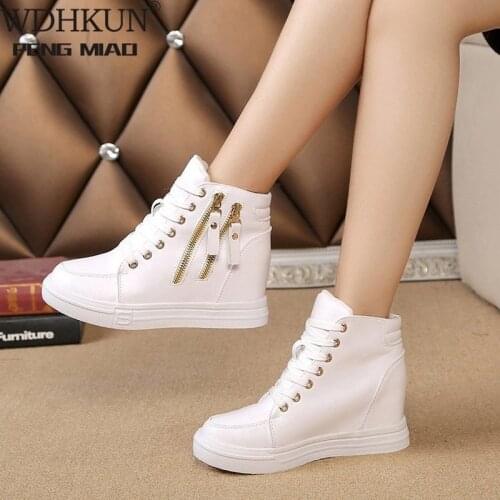 Women Wedge Platform Rubber Brogue Leather Lace Up High Heel 6 Cm Shoes Pointed Toe Increasing Creepers White Sneakers Zipper