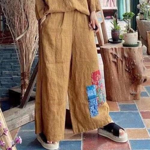 QPFJQD Ladies Spring Autumn Linen Elastic Waist Plus Size Loose Pants Patchwork Women 2021 Wide Leg Flax Trousers Chinese Style