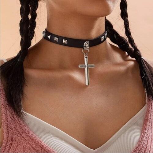 Gothic Cross Choker Necklace For Women Adjustable PU Leather Necklace Collar Studded Cosplay Harajuku Goth Punk Jewelry Gifts