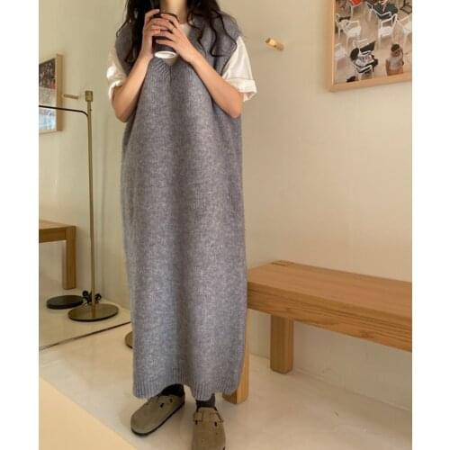 Chic V-neck Oversized Women Knitted Vest Dress 2021 Autumn Winter Sleeveless Loose Long Sweaters Casual Female Pullovers S132