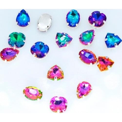 12p Rainbow Flatback sewing glass stone sew on rhinestones silver base loose crystal beads DIY Wedding dress shoes bag clothing