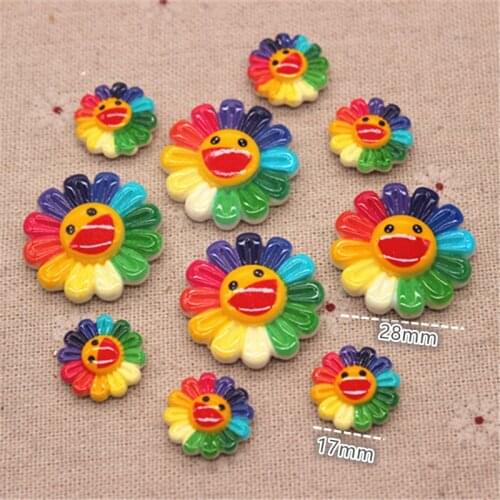 17mm/28mm Cute Resin Rainbow Smiling Sunflower FlatBack Cabochon DIY Scrapbook Hair Ornament Decoration