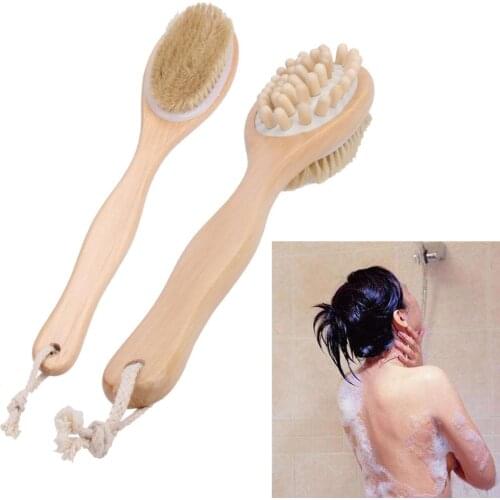 2-in-1 Body Brush Sided Natural Bristles Body Brush Scrubber Long Handle Wooden Spa Shower Brush Bath Massage Brushes