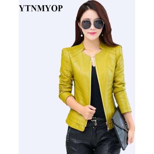 2020 Women Spring Leather Jacket Black Plus Size S-4XL Female Clothing Outerwear Mandarin Collar Long Sleeve Short Leather Coat