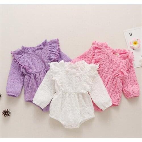 0-12M Newborn Baby Girl Bodysuits Fall Long Sleeve Lace Romper Stylish Solid Color Princess Ruffle One-Pieces for Infant Fashion