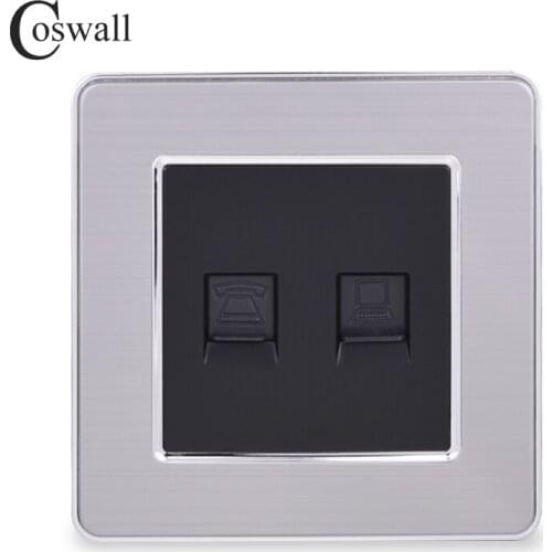 COSWALL RJ45 Internet Data Jack CAT5E Connector With 2 Core RJ11 Telephone Outlet Stainless Steel Brushed Panel Wall Socket