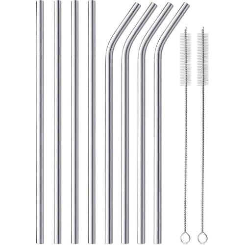 Eco Friendly Reusable Metal Straw 304 Stainless Steel Straight Bent Metal Drinking Straw with Cleaner Brush Bar Party Accessory