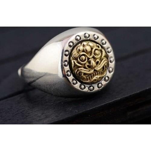 FNJ Punk Lucky Pixiu Ring 925 Silver Original Pure S925 Sterling Silver Rings for Men Jewelry Open Adjustable Big
