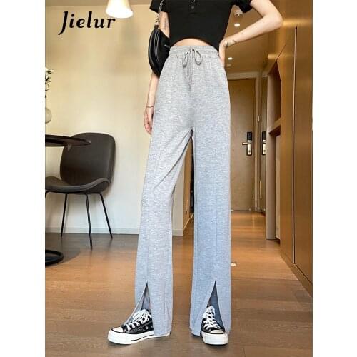 Jielur Fashion Straight Womens Pants Sports Grey Drawstring High-Waisted Trousers for Female Split Korean Casual Pants Pockets