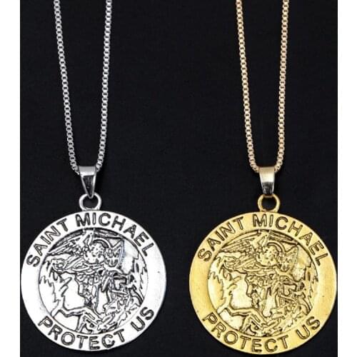 Round Angel Saint Michael Medal Necklace Saint Michael Protect Us Pendant Necklaces Link Chain Figure Vintage Cabochon Dropship