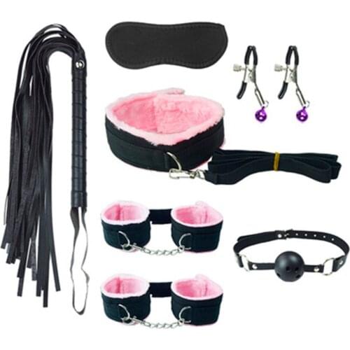 Hot 7 PCS SM Bundled Sex Toy Cosplay PU Plush Suit Included Eye Mask Mouth Ball Whip Handcuff Shackle Neck Sleeve Clip