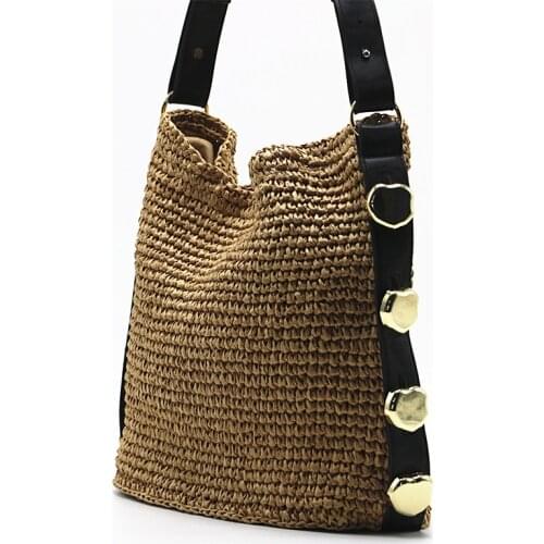 Fashion Rivet Large Capacity Straw Bags Handmade Woven Women Shoulder Bags Luxury Handbags Summer Beach Big Tote Purses 2021