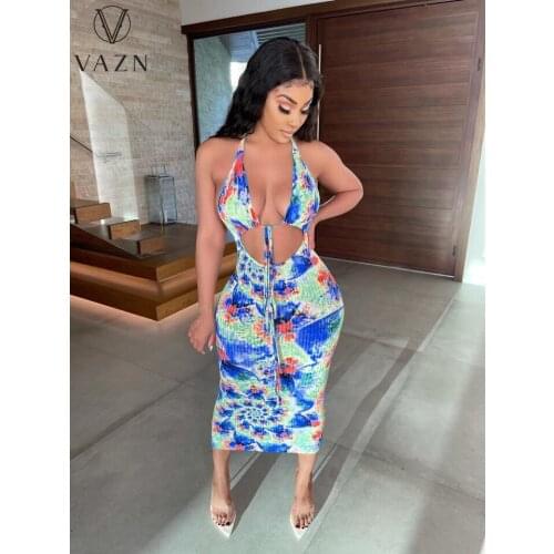VAZN 2021 New Sexy Club Birthday V-neck Colorful Print Sleeveless Dress Special Summer Elegant Fashion High Waist Women Dress
