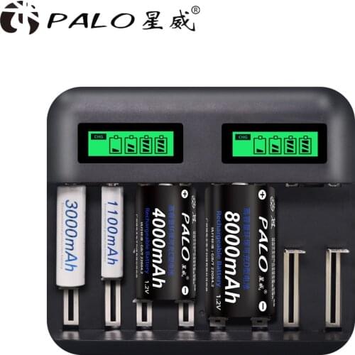 PALO LCD Display Smart Screen Battery Charger For Ni-MH NI-CD AA/AAA/SC/C/D Size Batteries Rechargeable+4pcs D size battery
