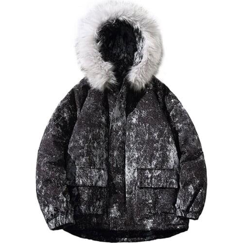 Black White Print Lovers Loose Parkas With Fur Collar Women Men Fashion Street Warm Cotton Coats Hooded Jackets Winter Clothing