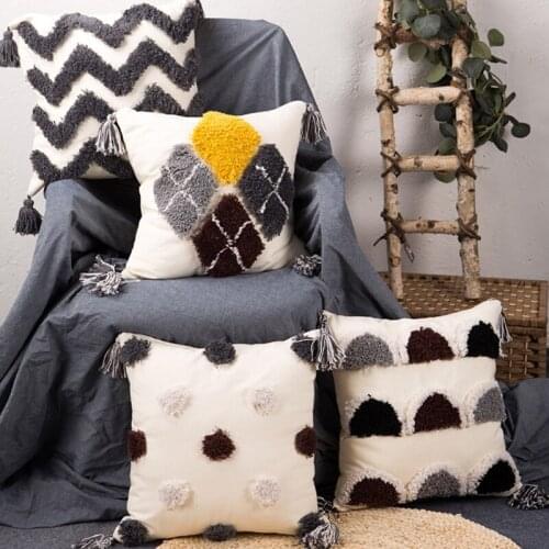 Tribal Boho Woven Tufted Throw Pillow Case with Tassels Contrast Color Geometric Pattern Square Cushion Cover Sofa Couch