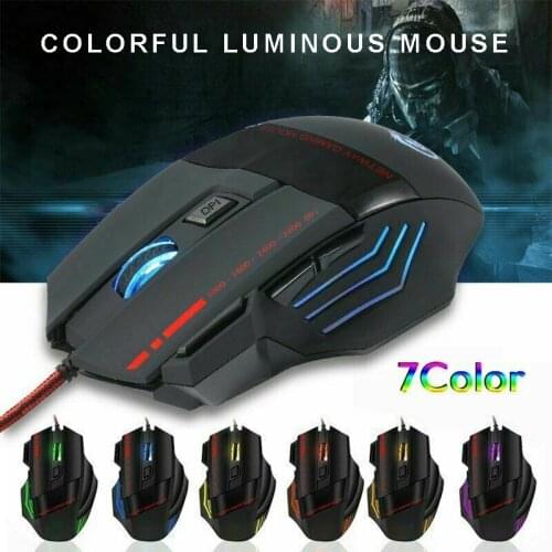 Pohiks 7 Buttons Wired Optical Gaming Mouse with Cool LED Backlight for PC Laptop USB 2.0 Black Mouse Computer Accessories