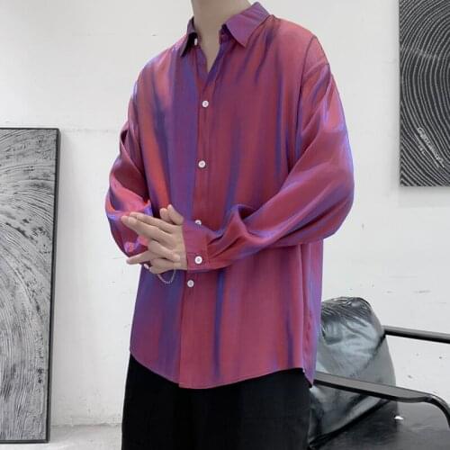 New Mens Shirt Bright Reflective Night Club Hip Hop Tops Summer Sunscreen Thin Shacket Oversize Casual Long Sleeve Clothing