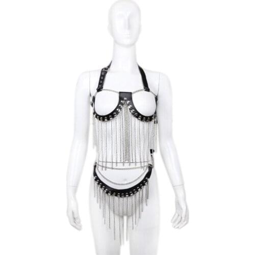 Sexy Hot Erotic Women Sets Leather Iron Chain Tassel Patchwork Halter Exposed Breast Top Bra with Mini Dress for Women PG0186