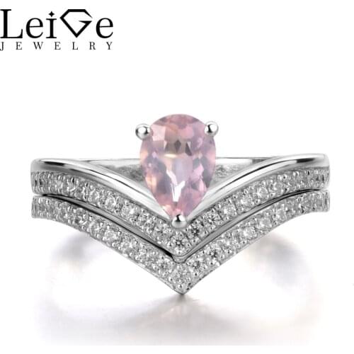 Leige Jewelry Wedding Rings Set Natural Pink Quartz Double Band Engagement Rings for Women Sterling Silver 925 Jewelry Pear Cut