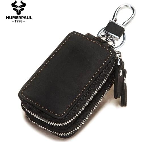 HUMERPAUL Vintage Genuine Leather Car Key Bag Small Coin Purse Wallets Men Multifunctional Double zipper Home Keychain Cover