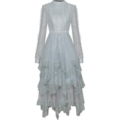 Runway Designer High Quality Autumn New WomenS Party Casual Elegant Long Sleeve Layered Mesh Lace Sequin Fashion Midi Dress