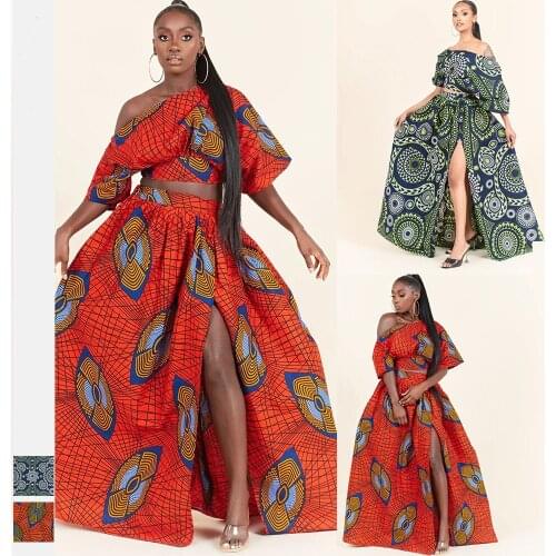 Digital Printing Womens Fashion Oblique Shoulder Asymmetrical Sleeves T-shirt with Side Slits and Swinging Half-length Skirt