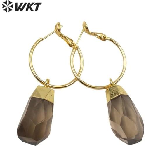 MPE036 Round Hoop Dangling Women Earrings Natural Brown Quartz Drop Earrings With Gold Eletroplated Female Earring