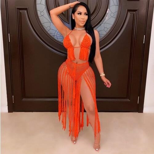 TNNAOFF Hand Knitted Tassel Two Piece Swimsuit for Women Backless Bandage Crop Top Sexy Bodycon Dresses Beachwear Club Outfits