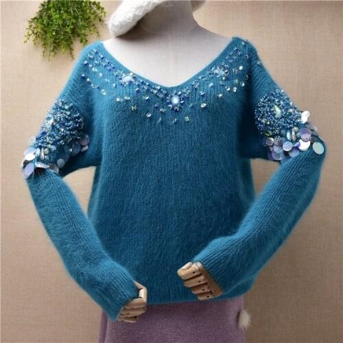 Ladies women fashion hairy deep v-neck angora rabbit hair knitted long sleeves loose pullover mink cashmere jumper sweater pull