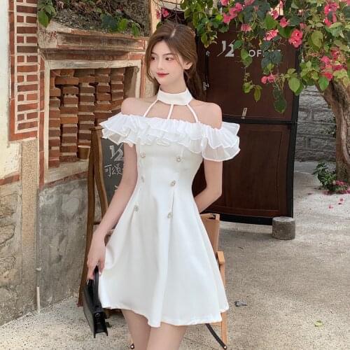 White Sexy Hollow Out Halter Nightclub Dress 2021Summer High Waist Slash Neck Ruffles Off The Shoulder Elegant Party Dress Women